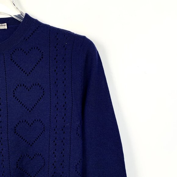 Miu Miu Womens Dark Blue Virgin Wool Heart Pattern Long Sleeve Sweater Size 36 X - Picture 3 of 8